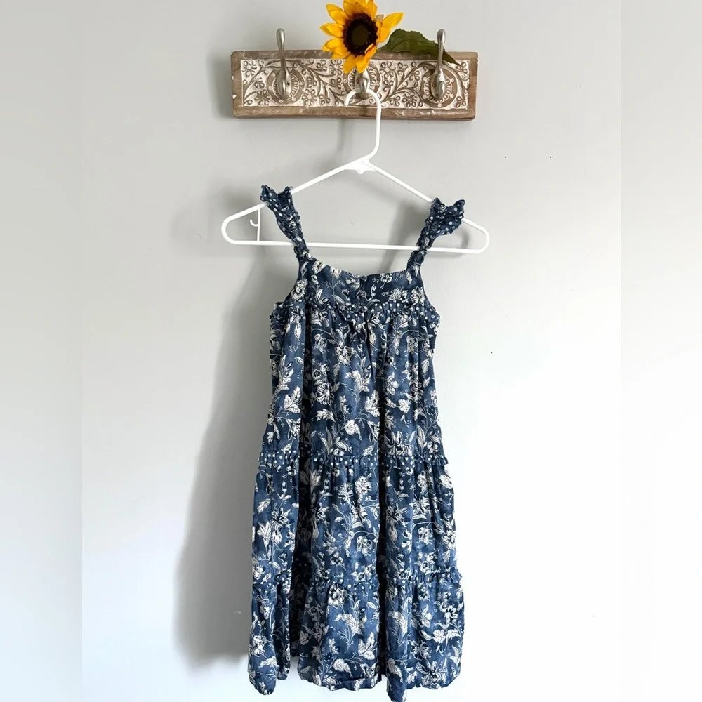 GAP Girls Blue & White Floral Tiered Sundress Ruffle Strap Sleeveless-Size Small